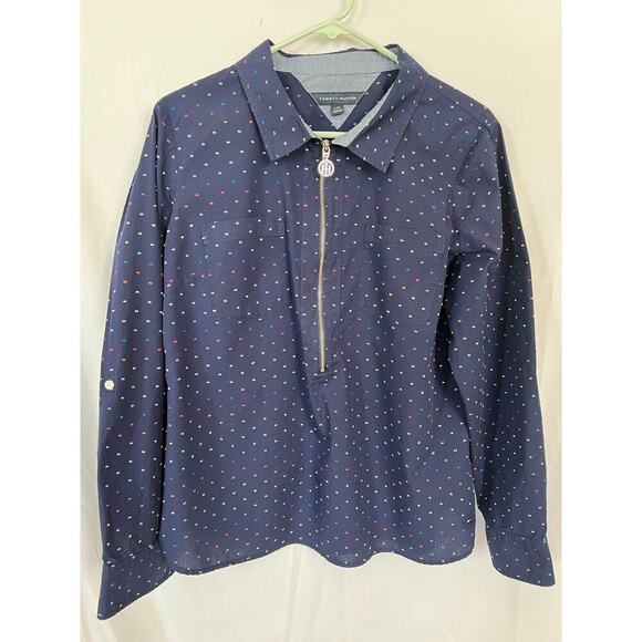 Tommy Hilfiger Tops - Tommy Hilfiger Top, Navy, Large, Women's, Popover Swiss Dot, Zip Up, Blouse
